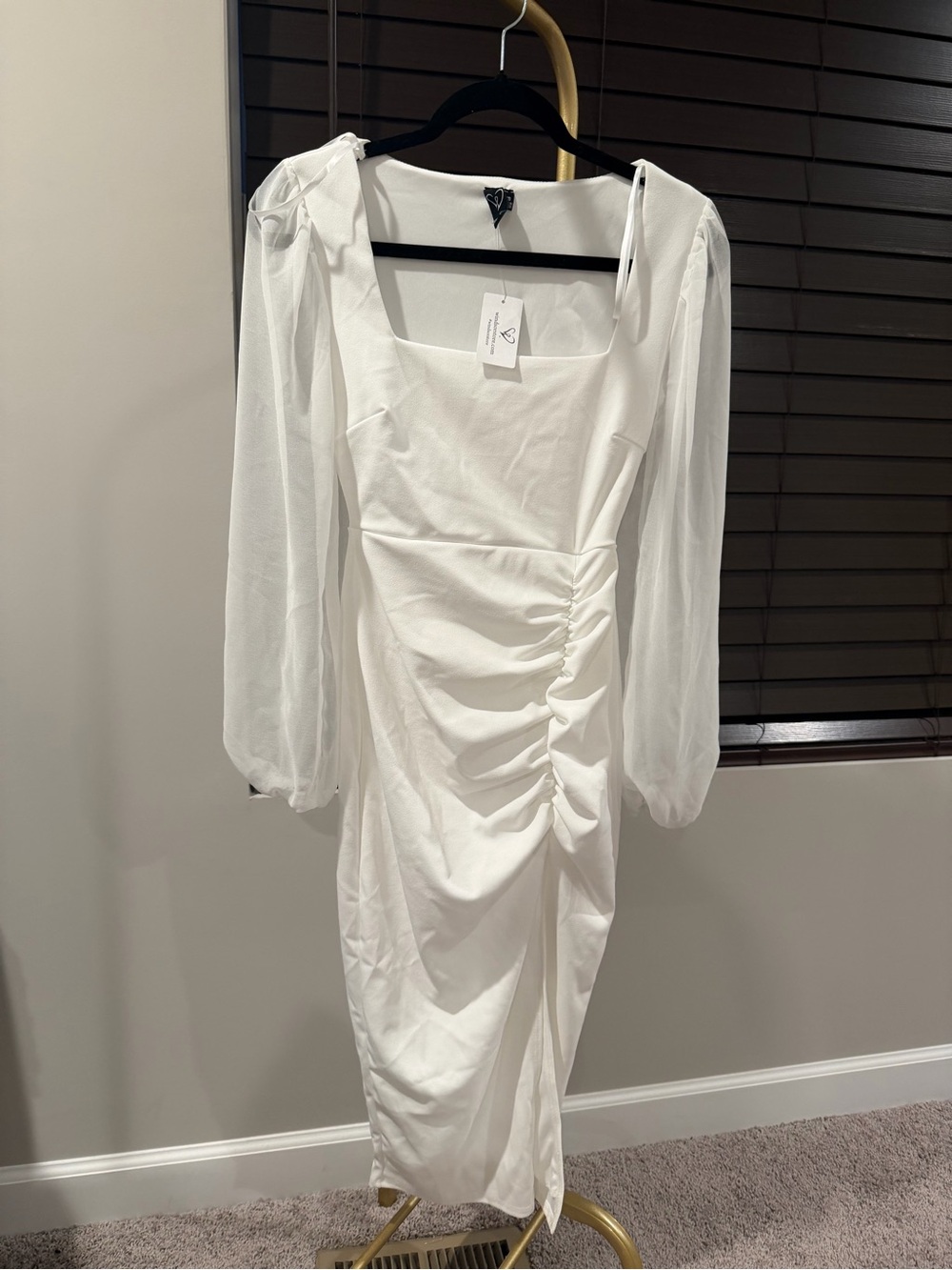 Windsor White Square Neck Ruched Midi Dress with Sheer Long Sleeves